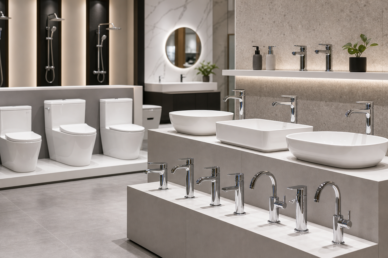 Sanitary ware products including toilets basins and faucets in a bathroom display
