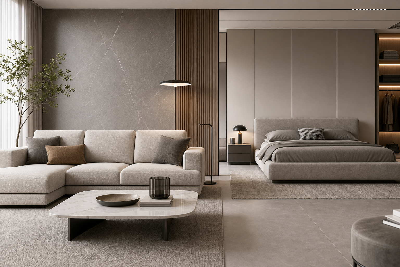 Contemporary sofa and bed furniture styled in a modern interior
