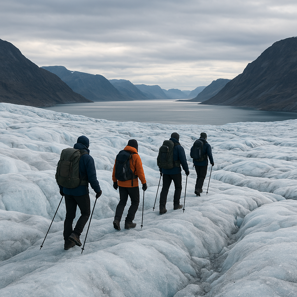 Realistic Greenland explorer scene on icy terrain with broad coastal light and distant fjord ridges