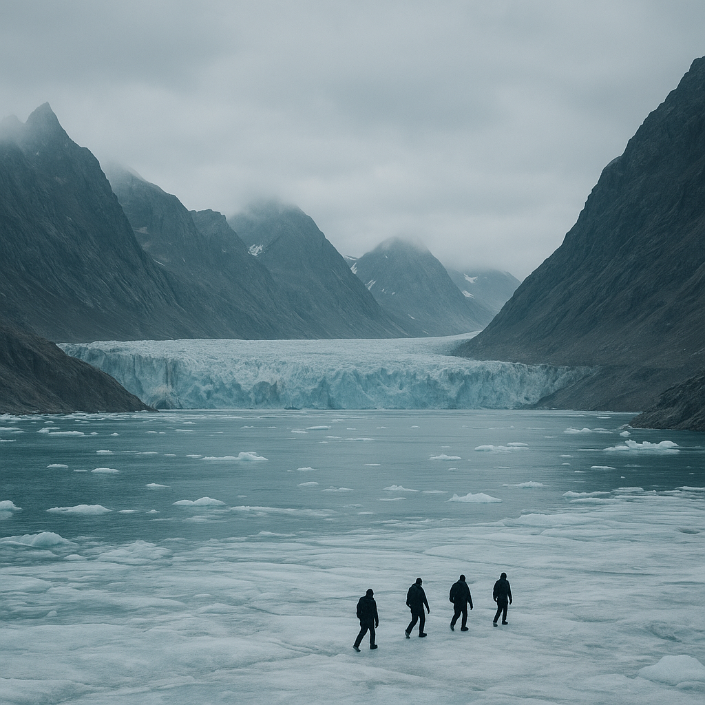 Realistic Greenland icy fjord landscape with rugged mountains, glacier edges, and a small group of bundled explorers on a coastal ridge under cold Arctic light