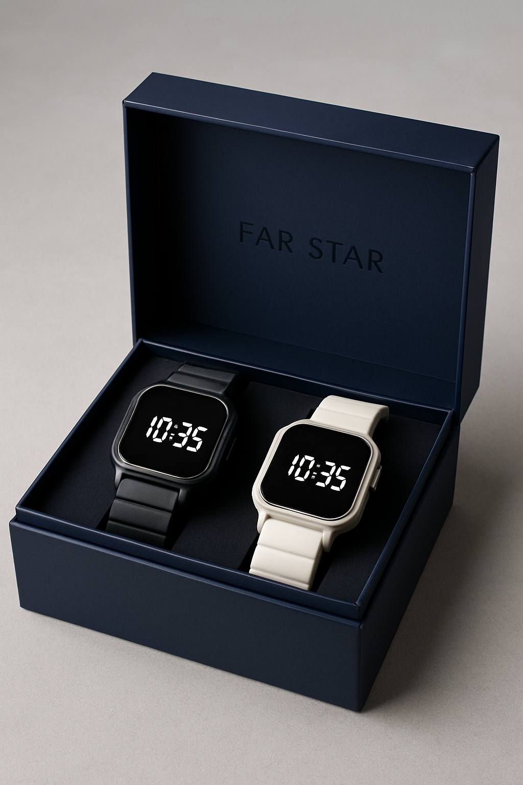 Elegant family gift set box with two LED watches and sleek accessory inserts