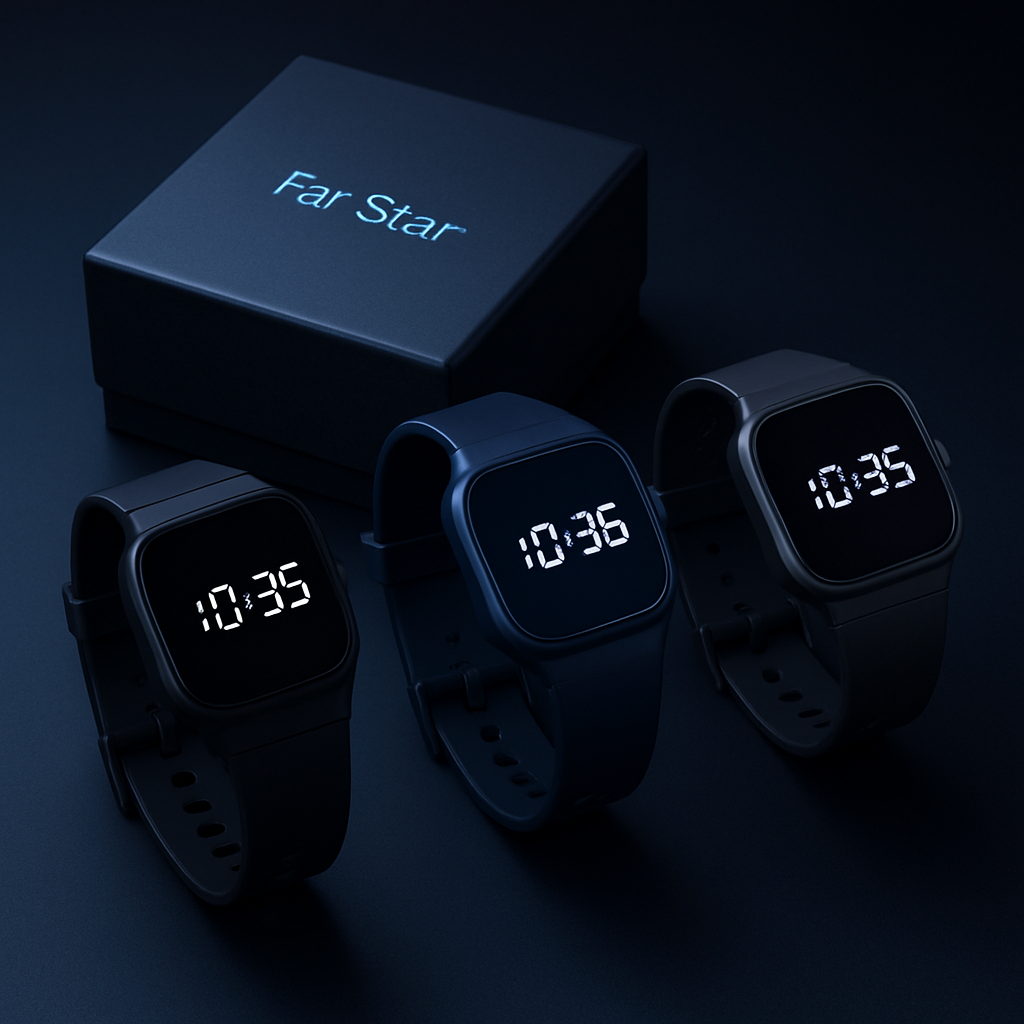Three modern LED digital watches in matte black, deep navy, and graphite gray with glowing numerals, arranged beside a compact family gift box