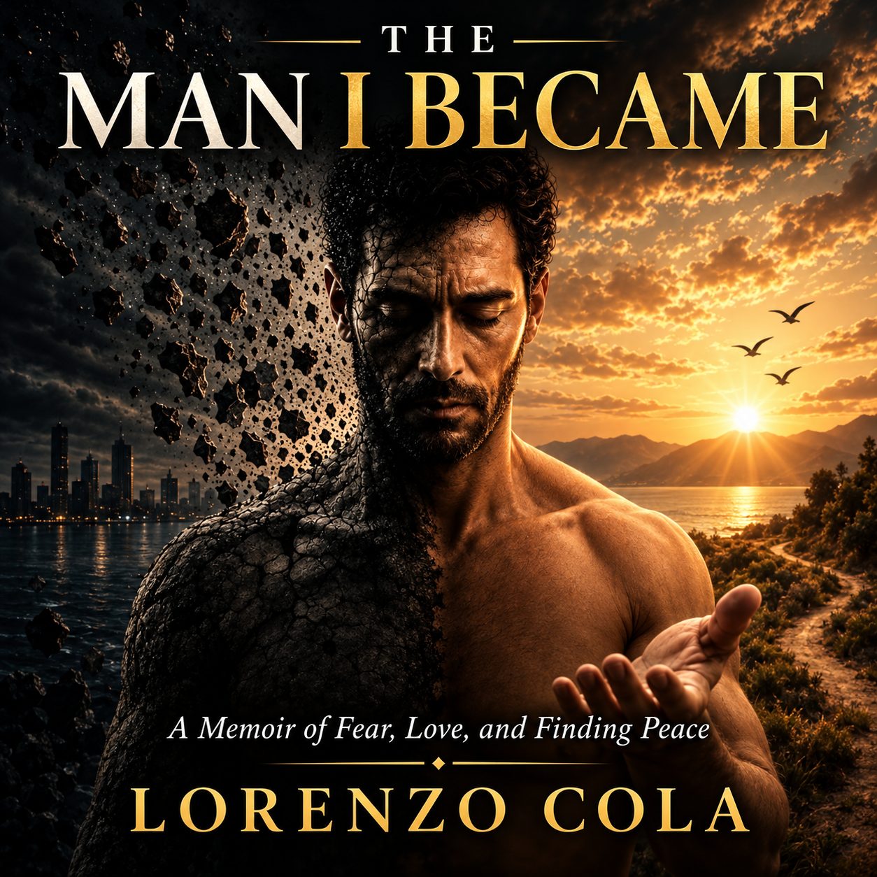 Official cover for The Man I Became by Lorenzo Cola, featuring a split portrait between darkness and sunlight