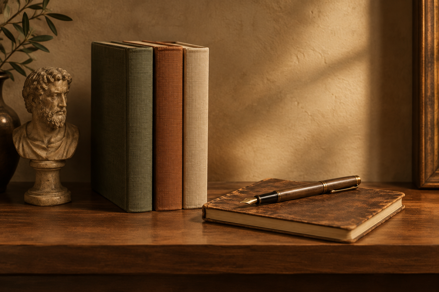 An elegant editorial still-life of hardcover books and a bronze-toned pen arranged on a wooden shelf in warm parchment light