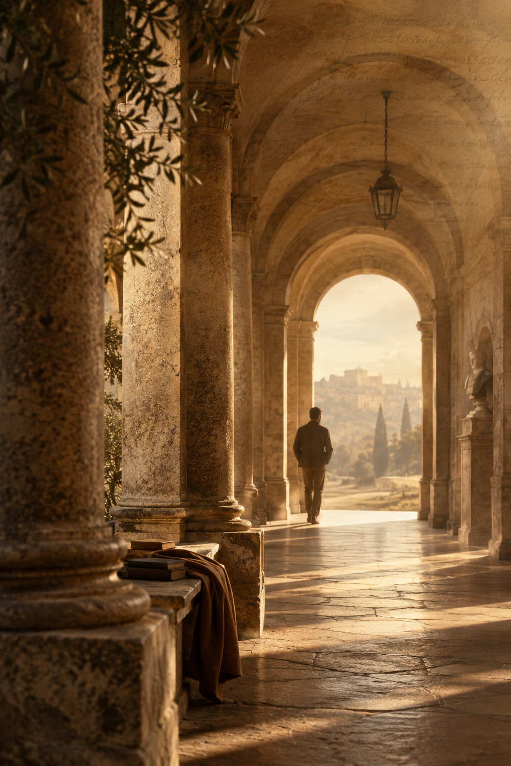 Atmospheric editorial scene with warm parchment tones, softly lit stone architecture, and a contemplative human presence in the distance