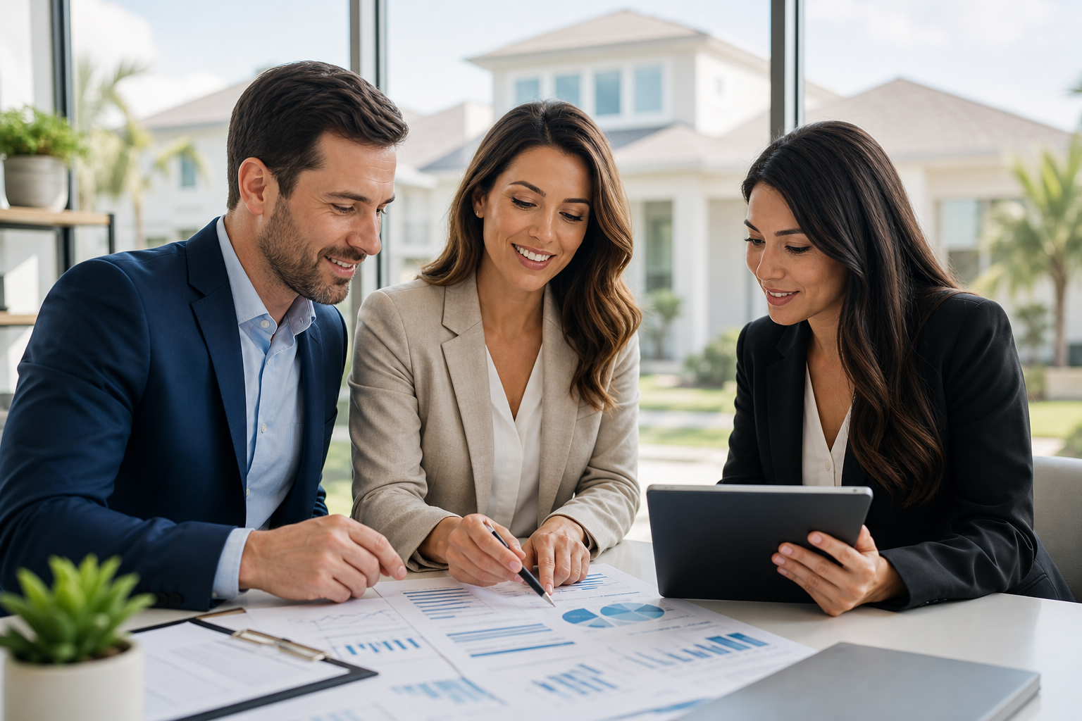 Professional property management team reviewing residential portfolio performance in a modern office