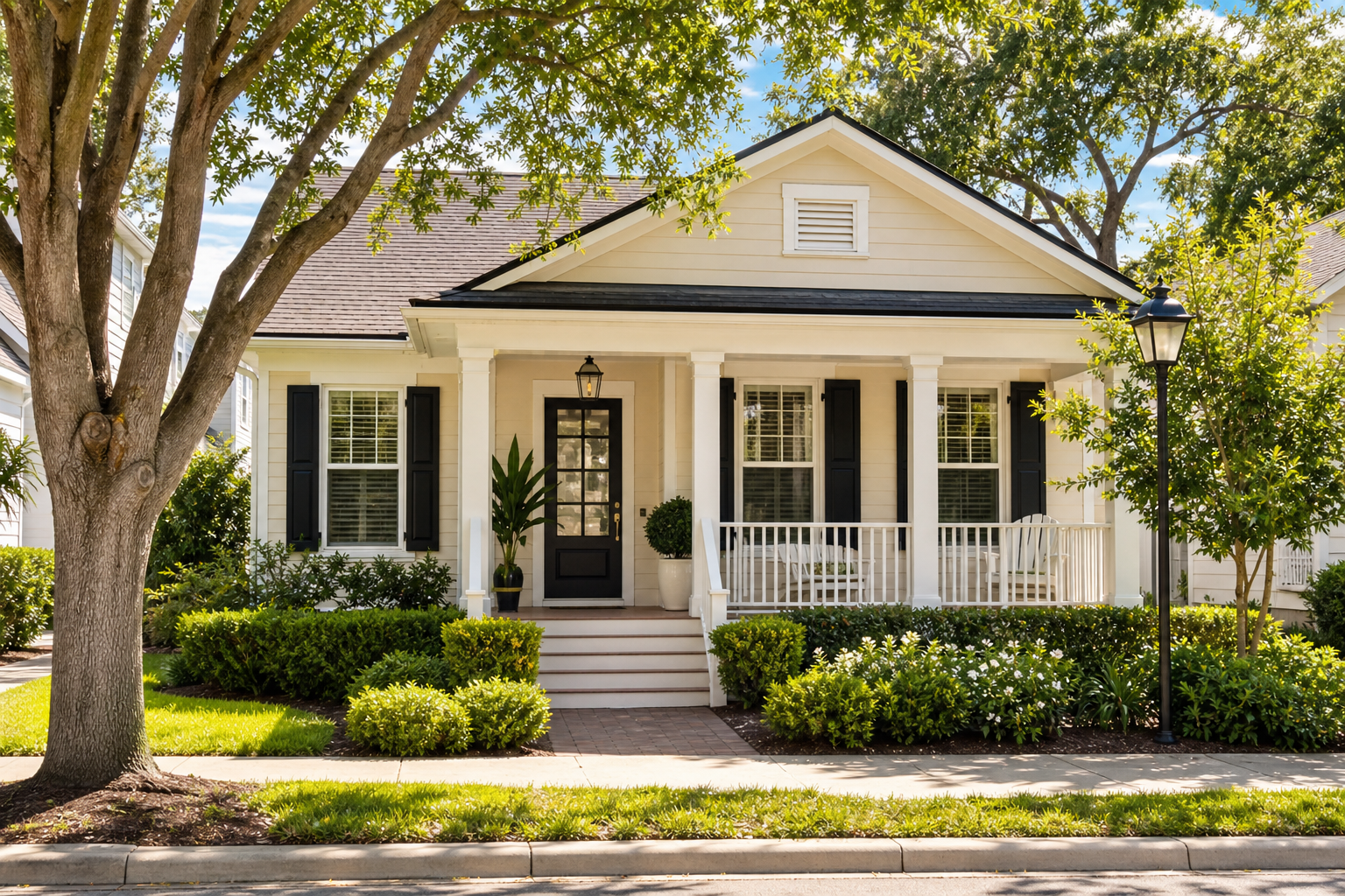 Charming bungalow-style rental with soft cream facade, covered porch, and mature trees in Celebration