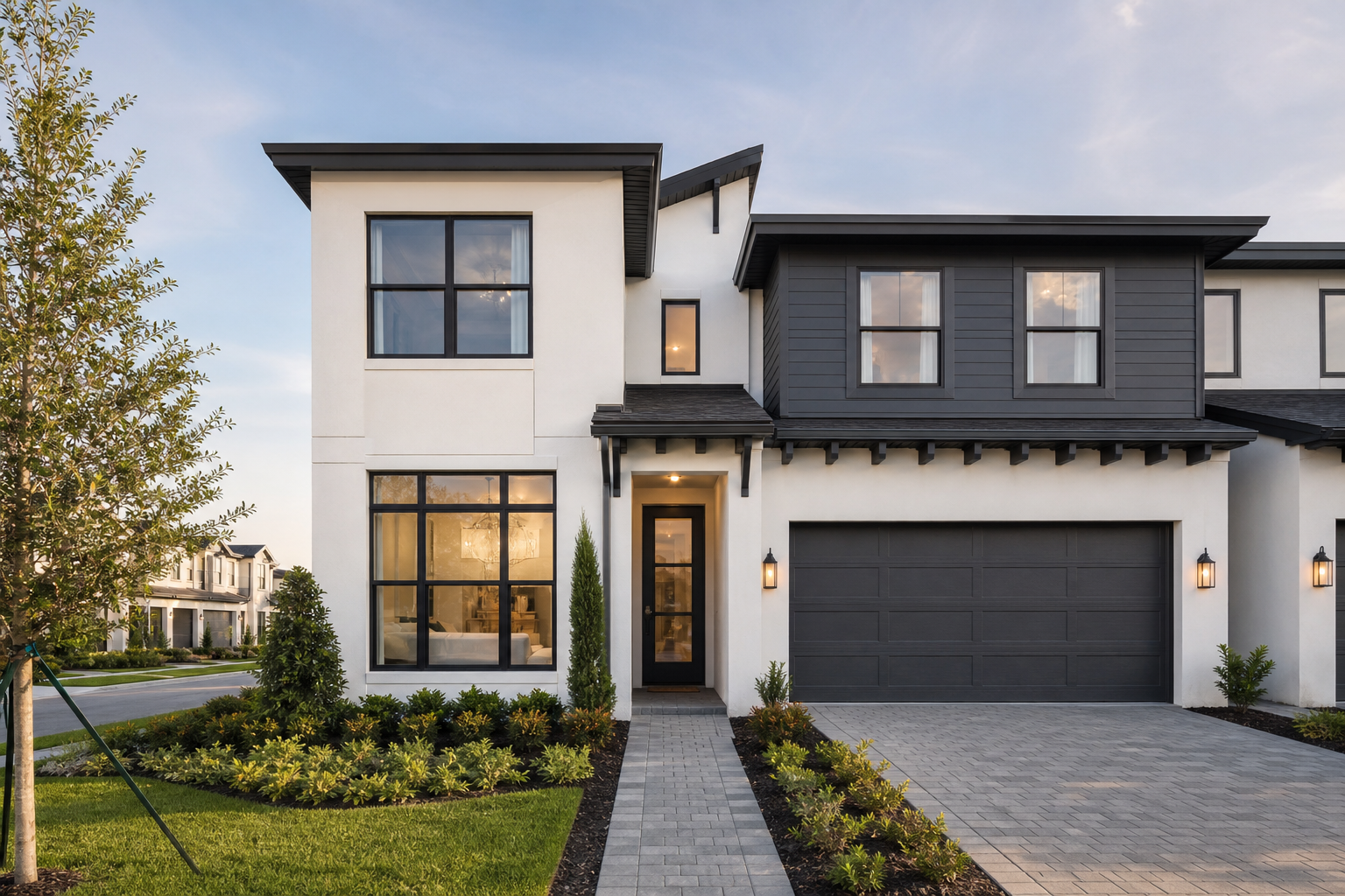 Modern two-story townhome with white and charcoal exterior, landscaped entry, and a two-car garage in Lake Nona