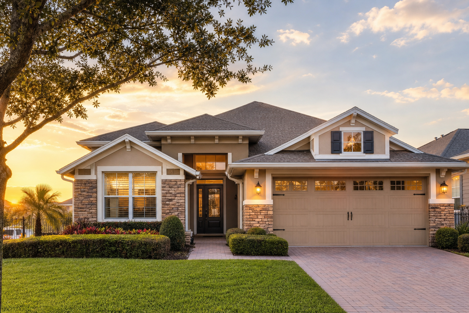 Single-family residence with warm stone accents, broad driveway, and manicured front lawn in Winter Garden