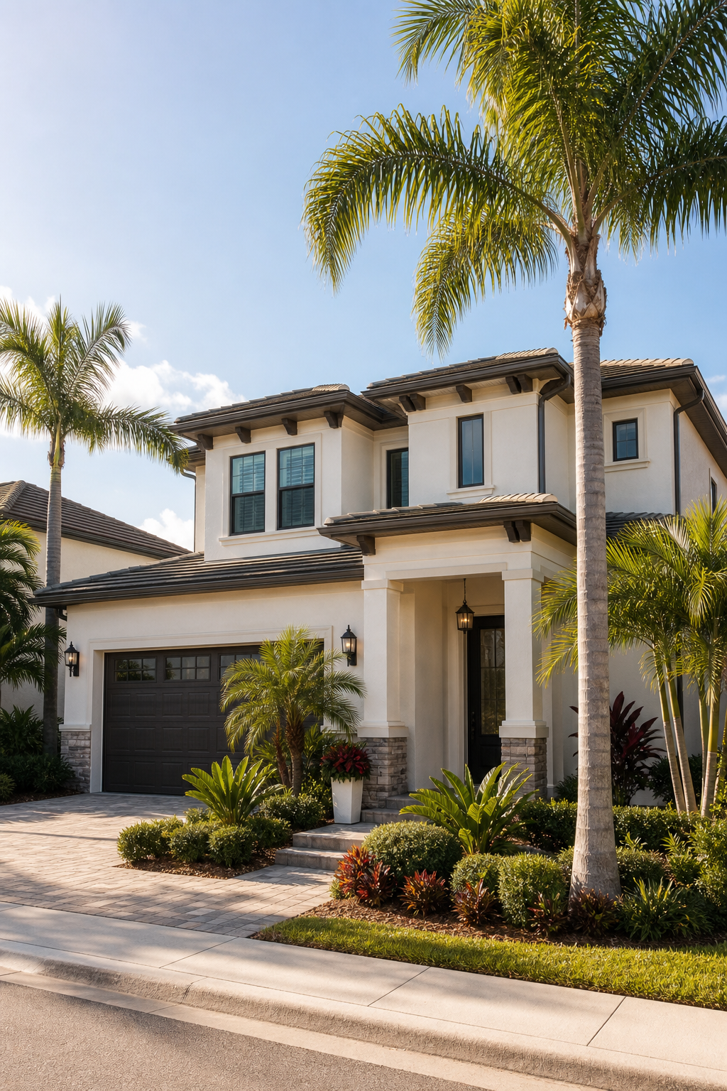 Upscale Florida residential home with palm trees, bright warm sunlight, and pristine neighborhood landscaping