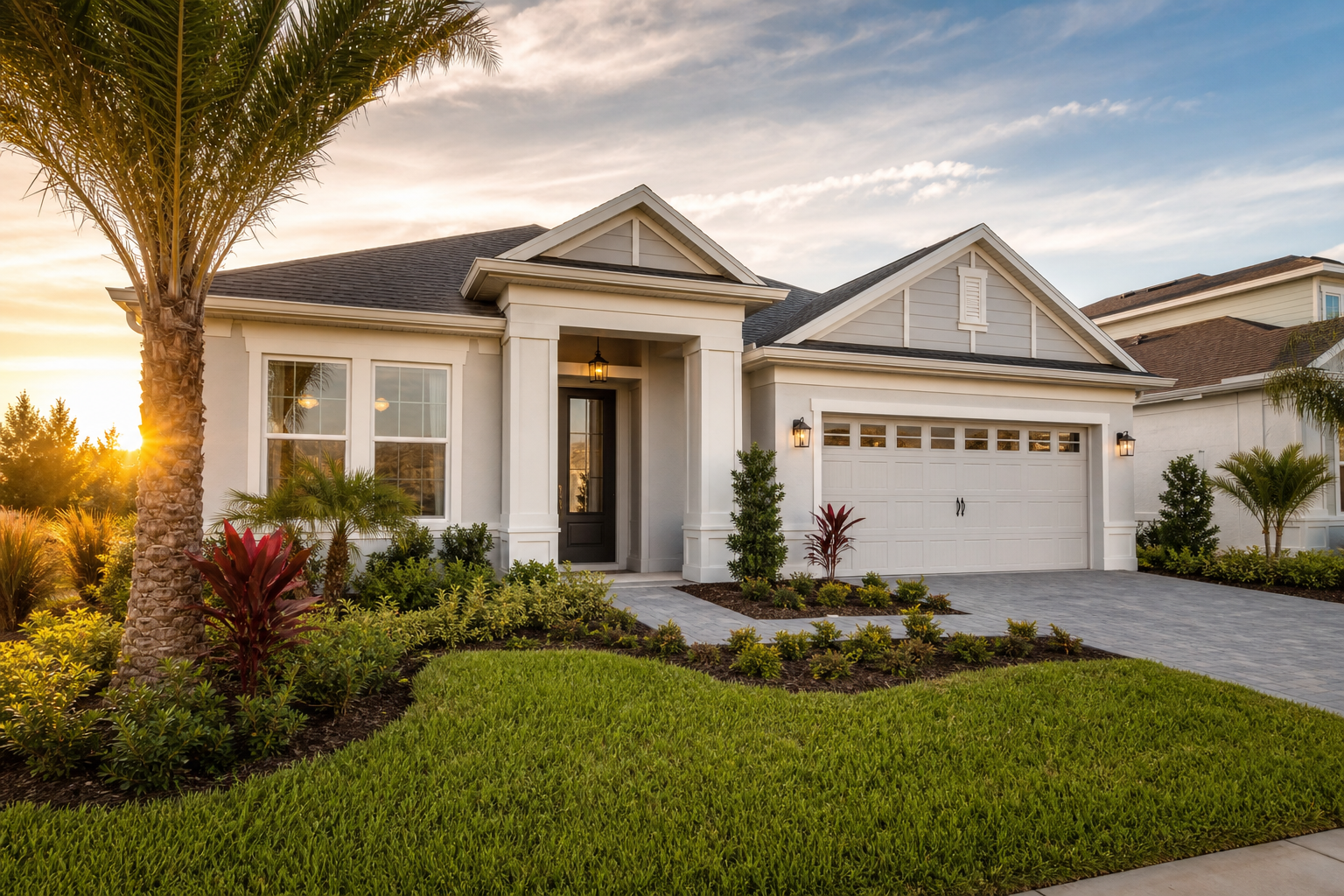 Modern Central Florida residential property with landscaped entry and warm evening lighting, representing investor-ready rental assets