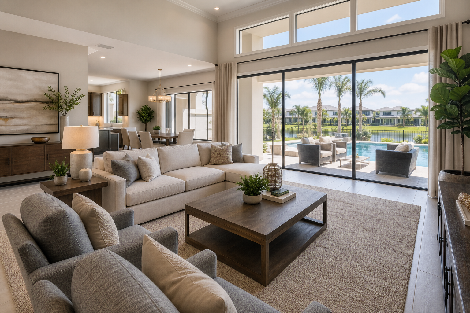 Bright upscale residential living room with large windows, neutral furnishings, and a clean staged layout