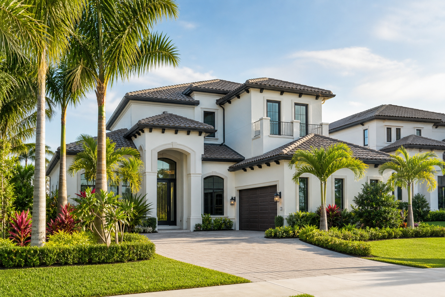 Upscale Central Florida residential home with bright stucco exterior, palm trees, subtropical landscaping, and warm daylight in a polished neighborhood setting