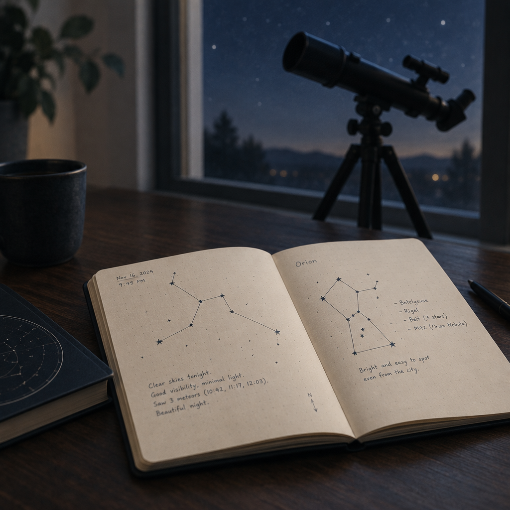 Open observation notebook with hand-drawn constellation lines beside a small telescope under soft night light
