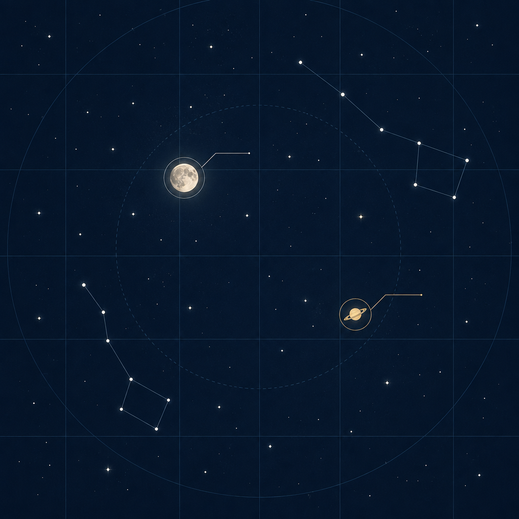 Simple star chart style visual showing Moon and Saturn positions against a calm night sky grid