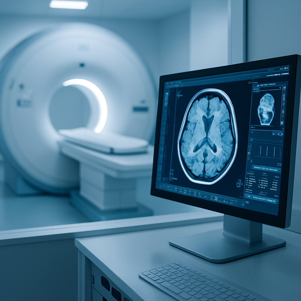 Radiologist reviewing an MRI scan with a clinician in a modern imaging suite