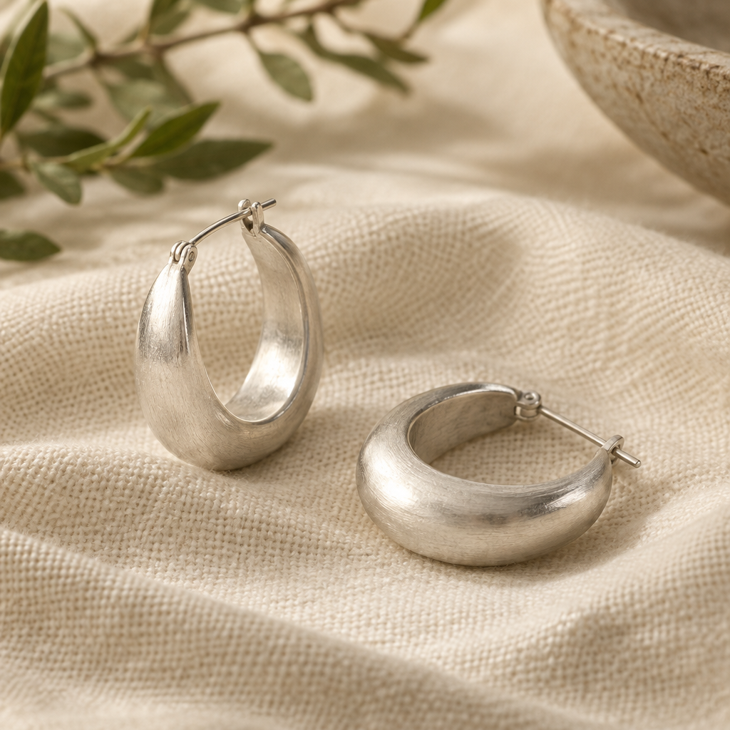 Pair of sculptural brushed silver hoop earrings arranged on softly textured cream cloth
