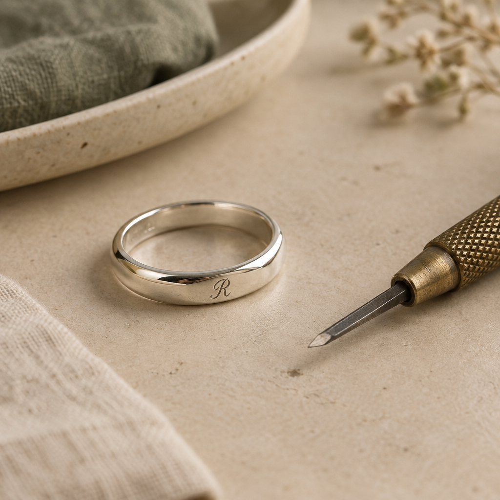 Close-up of a polished silver ring engraved with a tiny personal initial, beside a fine engraving tool