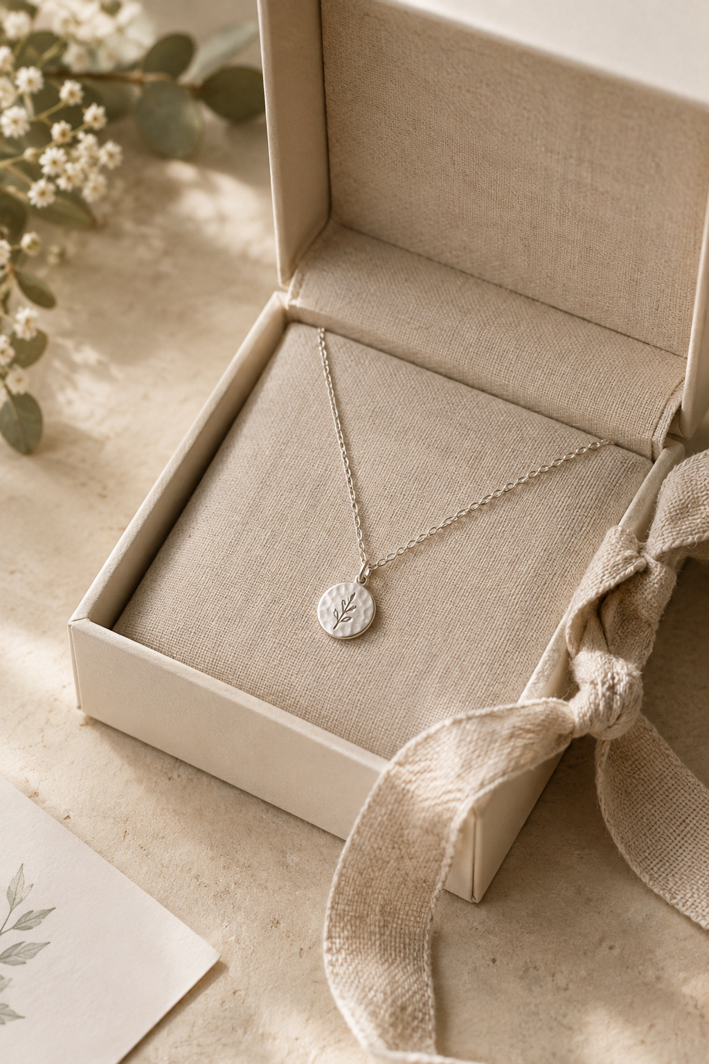 Handcrafted silver necklace nestled in a softly lined gift box with a linen ribbon