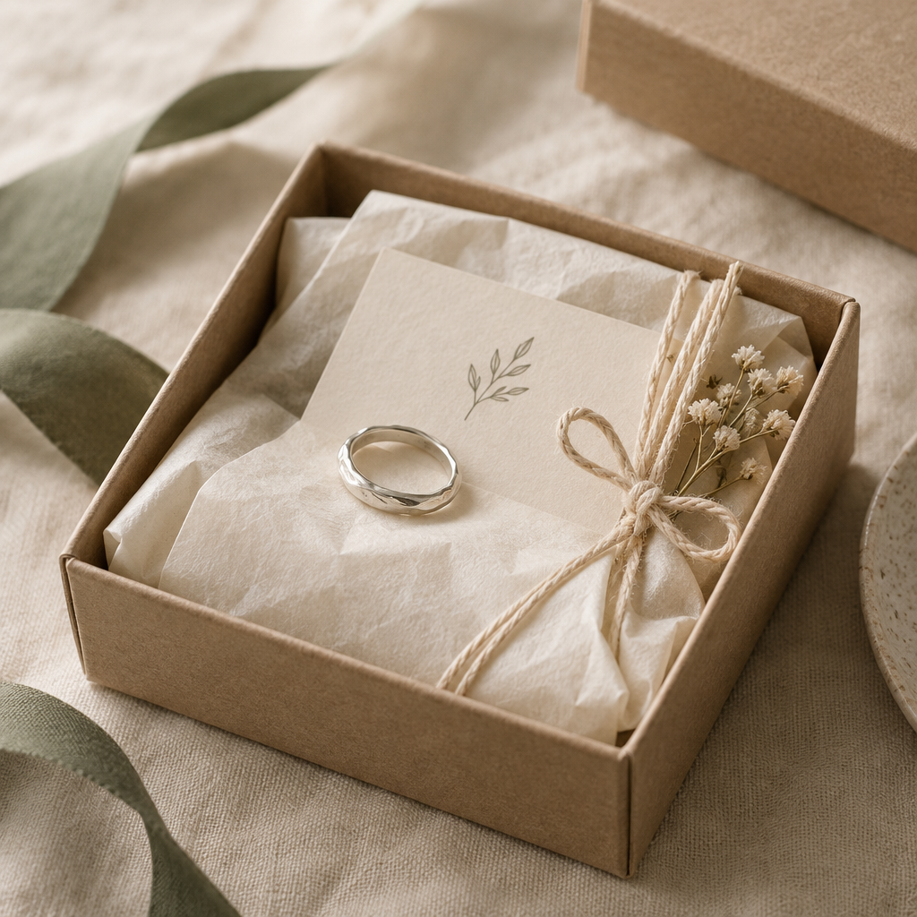 Close detail of tissue paper, cotton cord, and a care card arranged beside a handmade ring