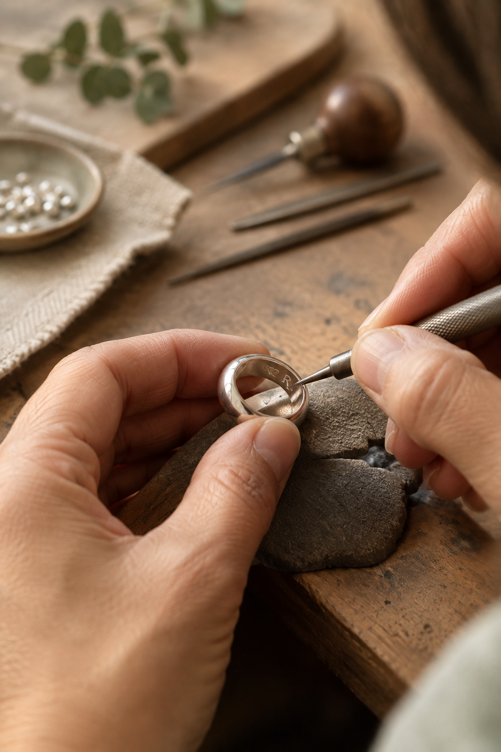 Close-up of a jeweler's hands engraving a tiny inscription inside a silver ring