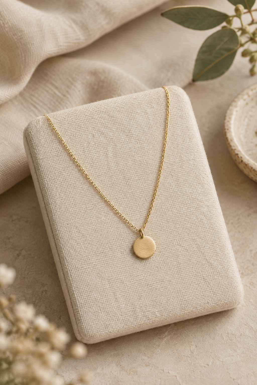 Delicate gold chain necklace with a small brushed pendant on a textured cream display