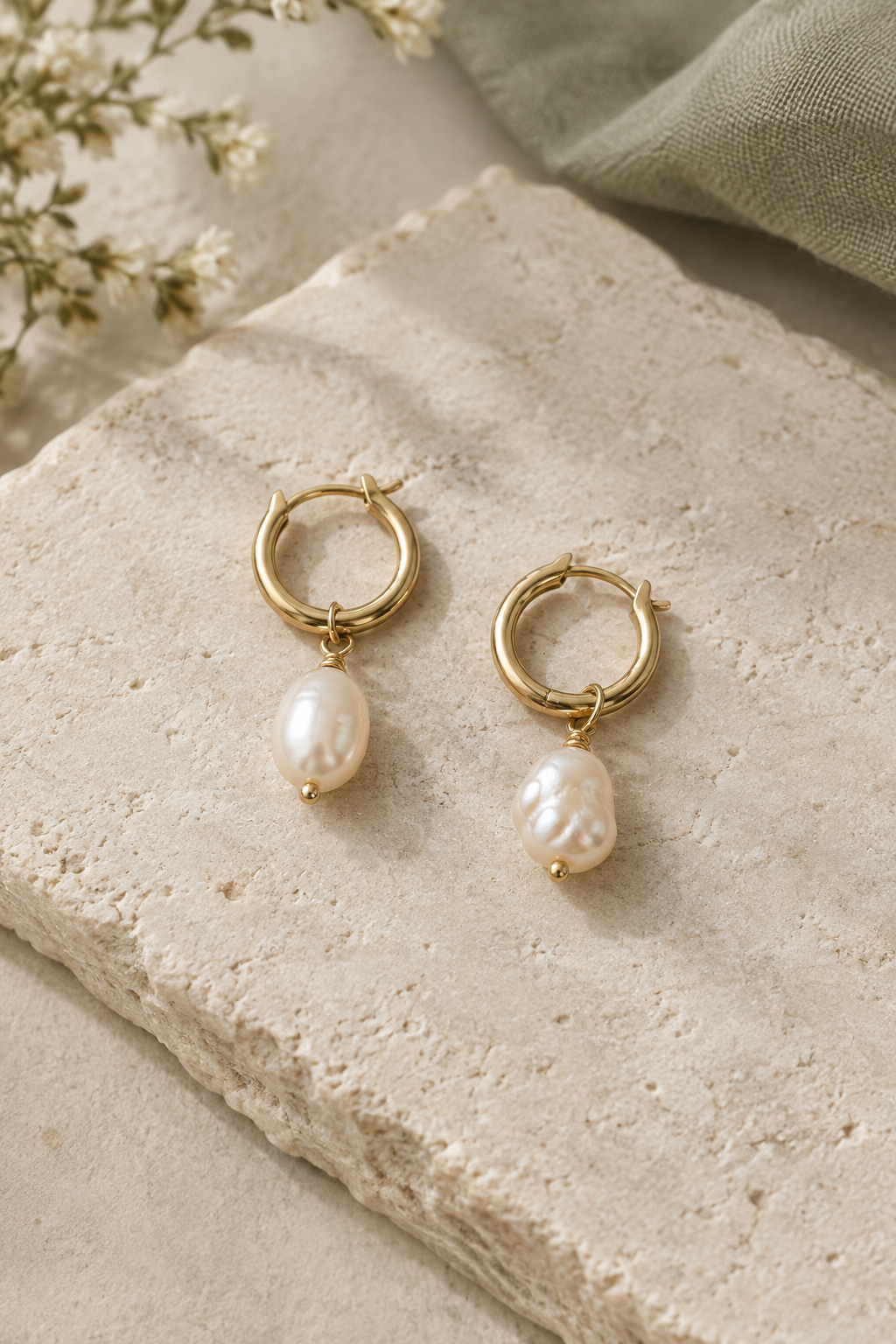 Pair of small handmade gold hoop earrings with cream freshwater pearls