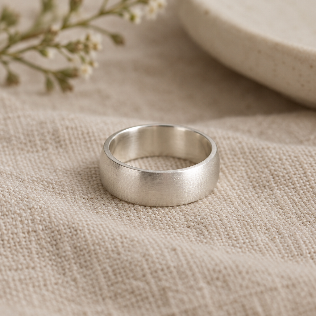 Wide softly rounded sterling-silver band ring with satin-polished surface