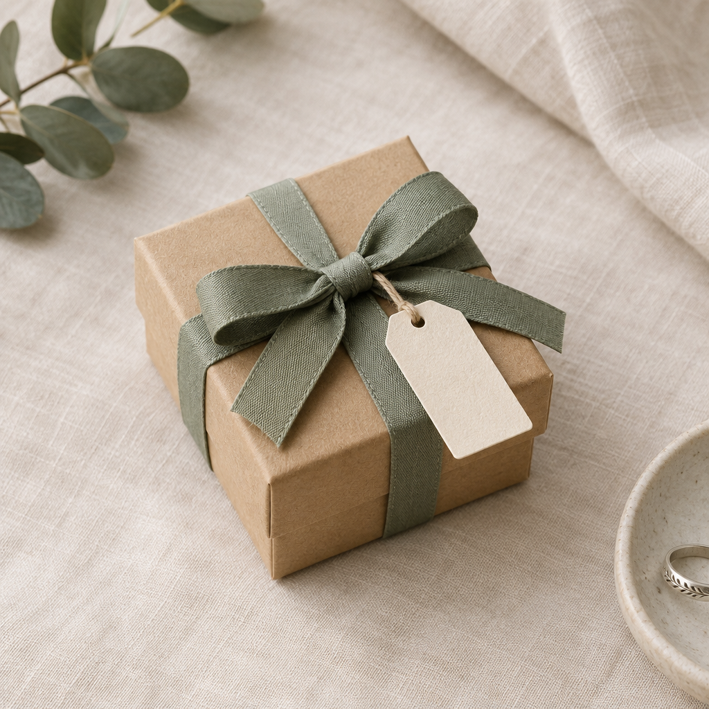 Small kraft jewelry box wrapped with sage ribbon and a simple paper tag