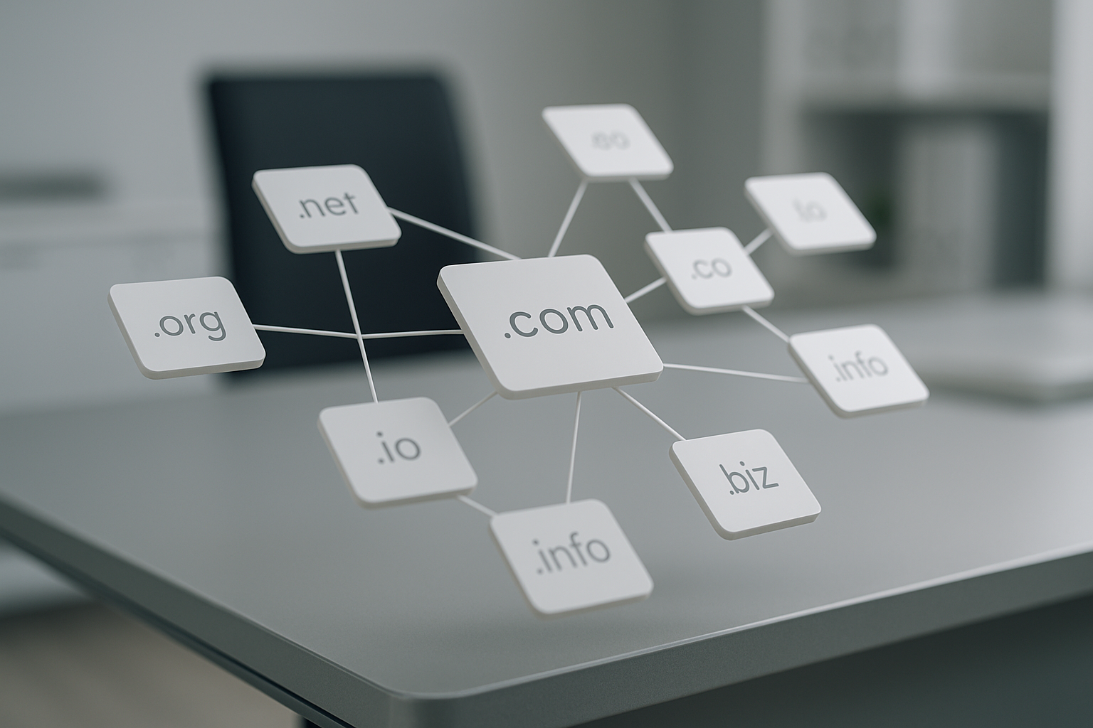 Abstract visual of interconnected domain name tiles floating in a clean modern workspace