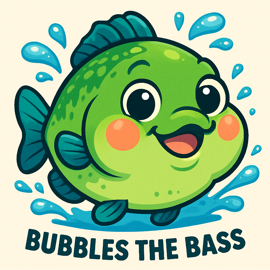 Cartoon bass named Bubbles, with bubbly cheeks, big round eyes, and a playful splash around