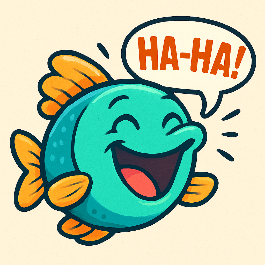 A cartoon fish laughing with a comic speech bubble