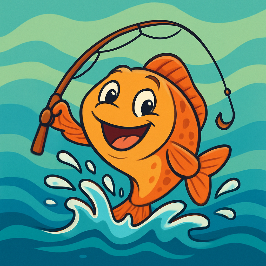 Cartoon fish with a big smile, splashing in playful wavy blue-green water with a fishing rod