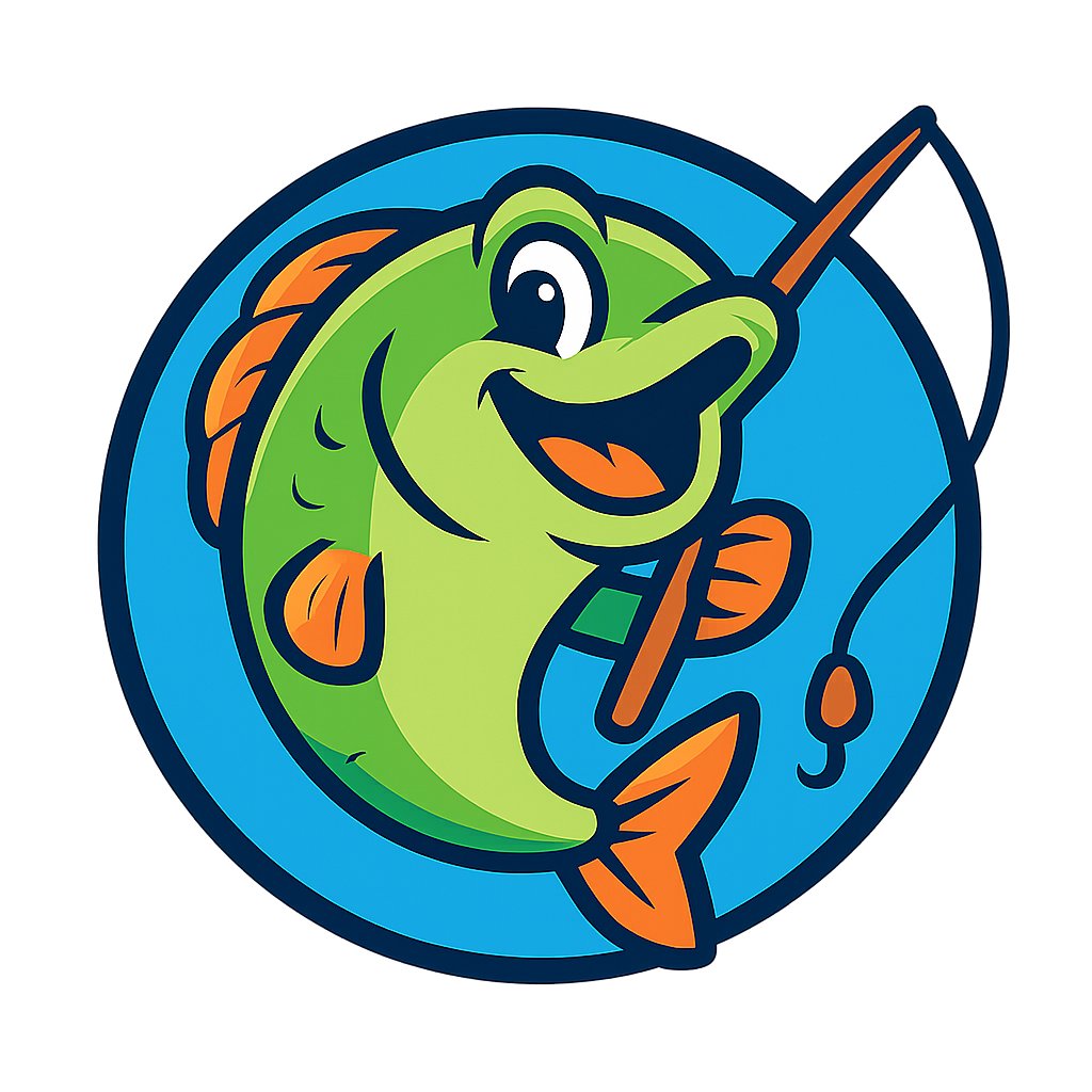 Fun Fishing Adventures logo: smiling cartoon fish with a fishing rod
