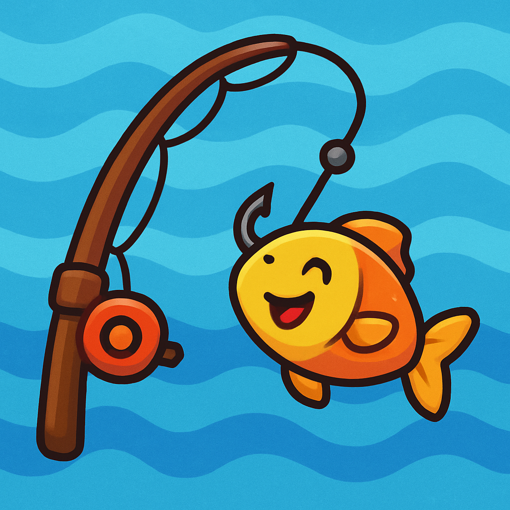 Cartoon fishing rod with a hook catching a smiling fish on a wavy blue background