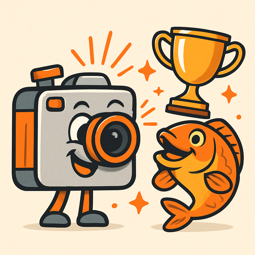 Camera snapping a smiling cartoon fish holding a trophy