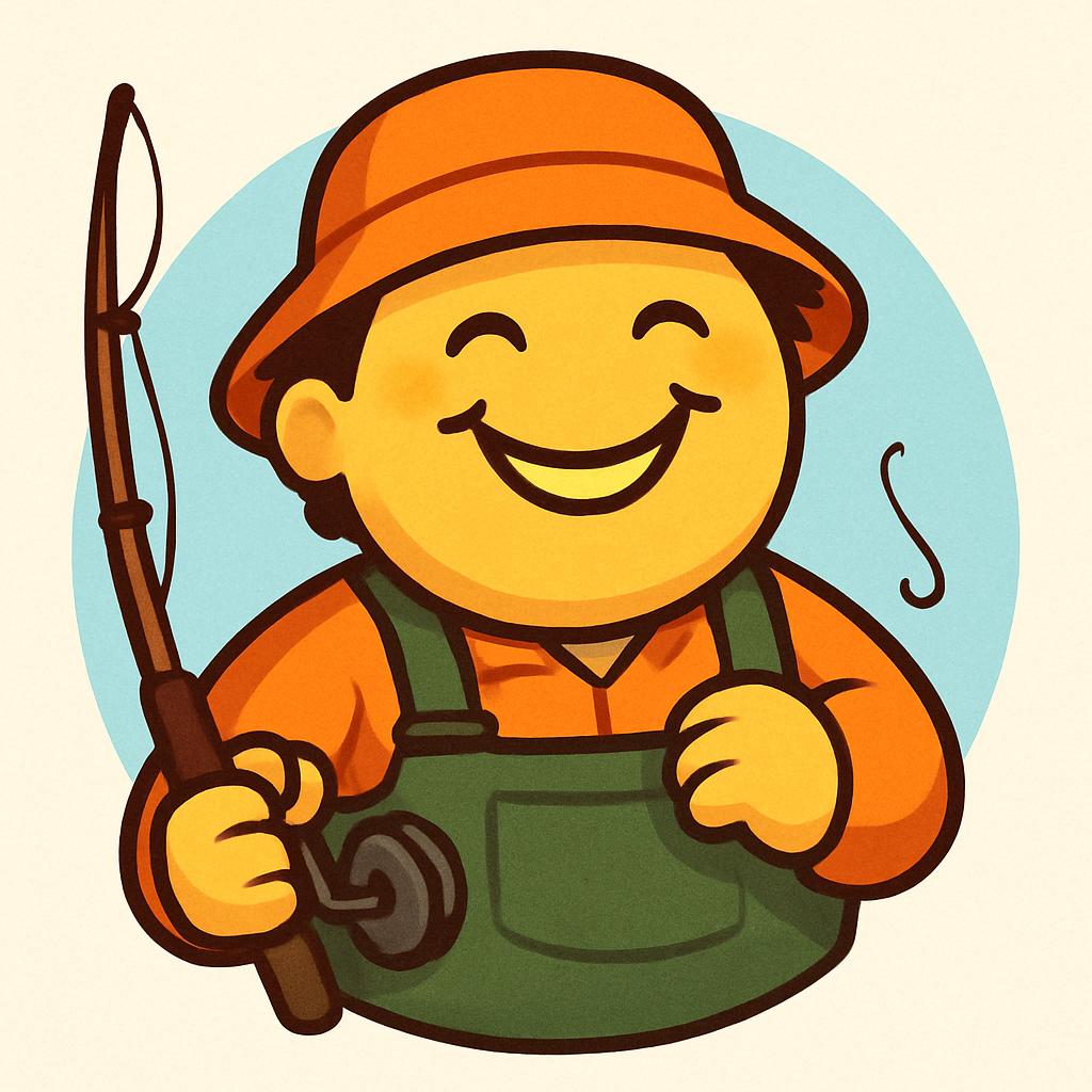 Cartoon person named Sunny the Angler, wearing a bright hat, waders, and holding a cartoonish fishing pole with a big sunny smile