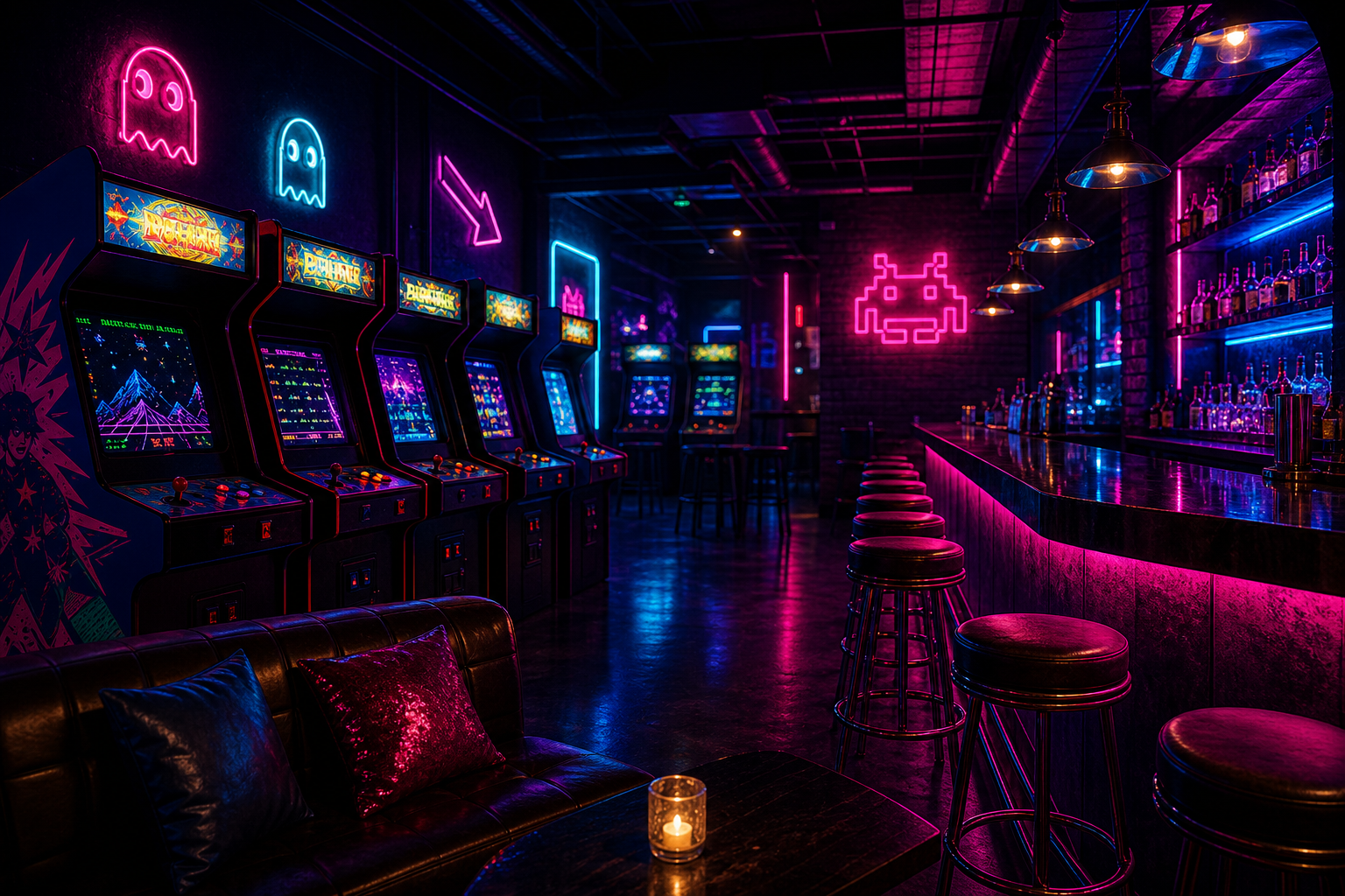 Neon lit retro arcade bar interior with classic cabinets and lounge seating