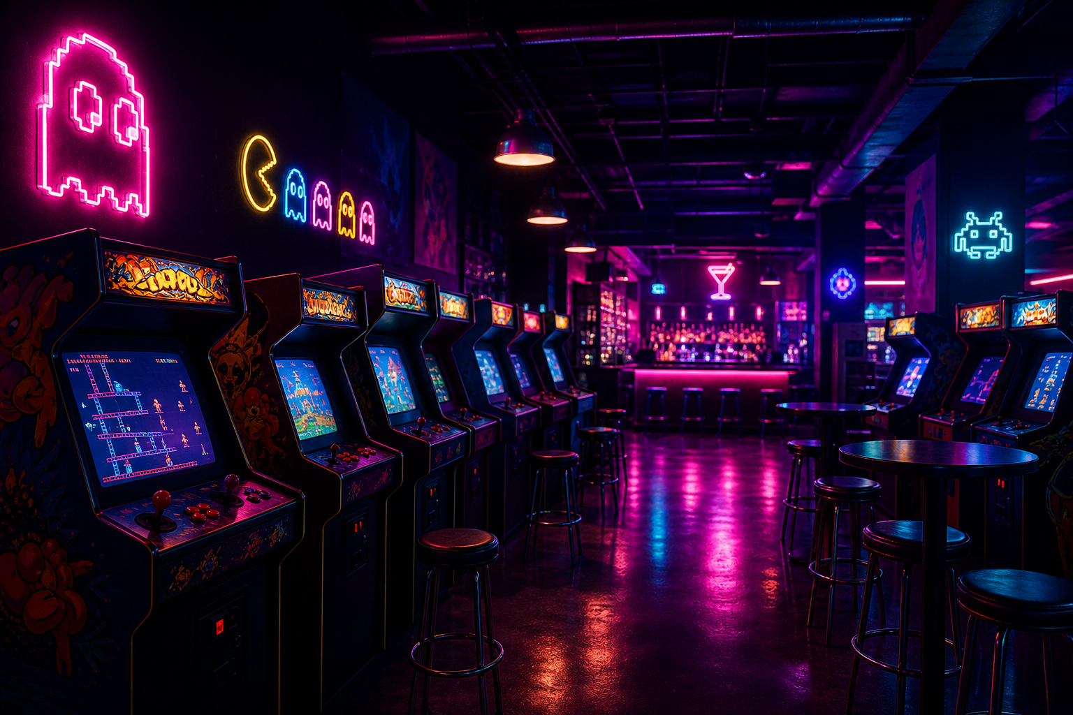 Neon-lit retro arcade bar interior with glowing game cabinets, magenta and cyan lighting, and a lively night scene