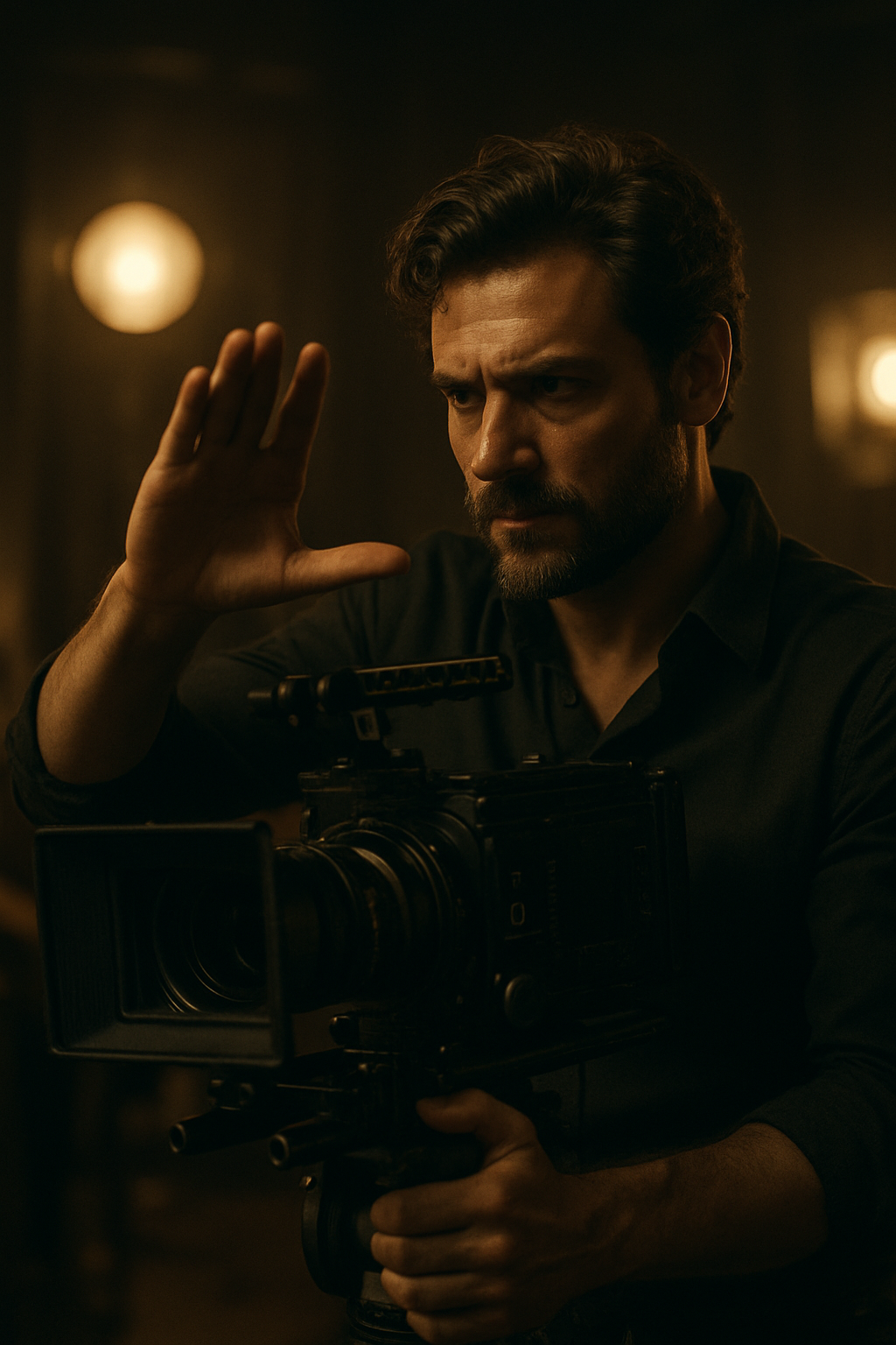 Cinematic poster-style still featuring a director framing a shot on set