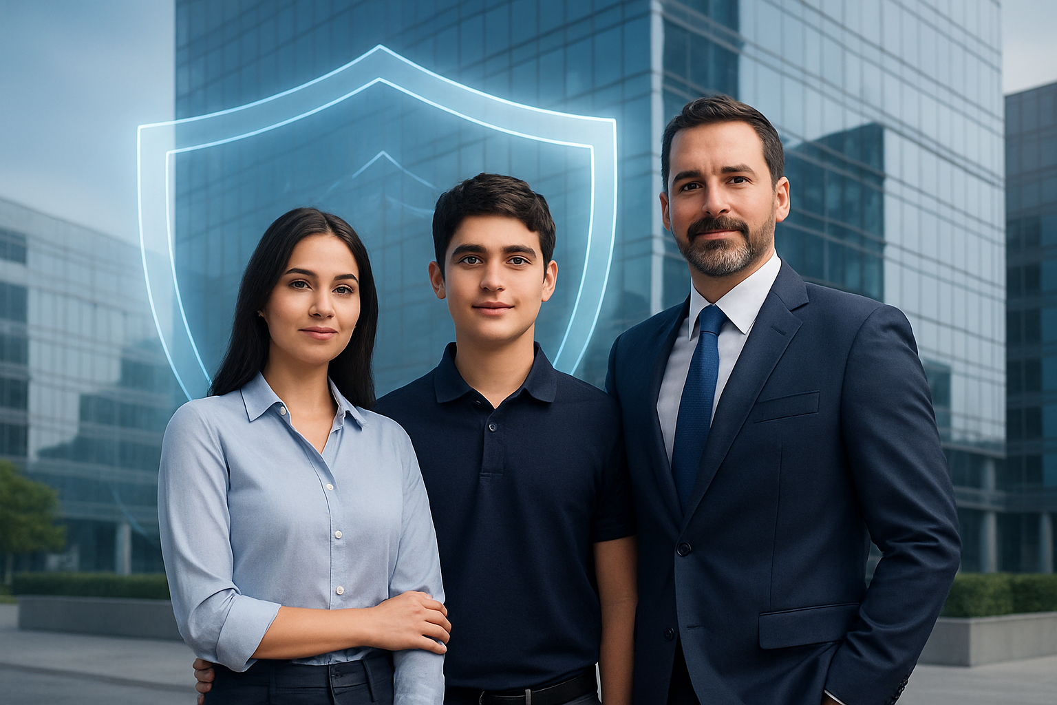 Familia y edificio corporativo moderno protegidos por un escudo digital, en fotografía profesional ejecutiva