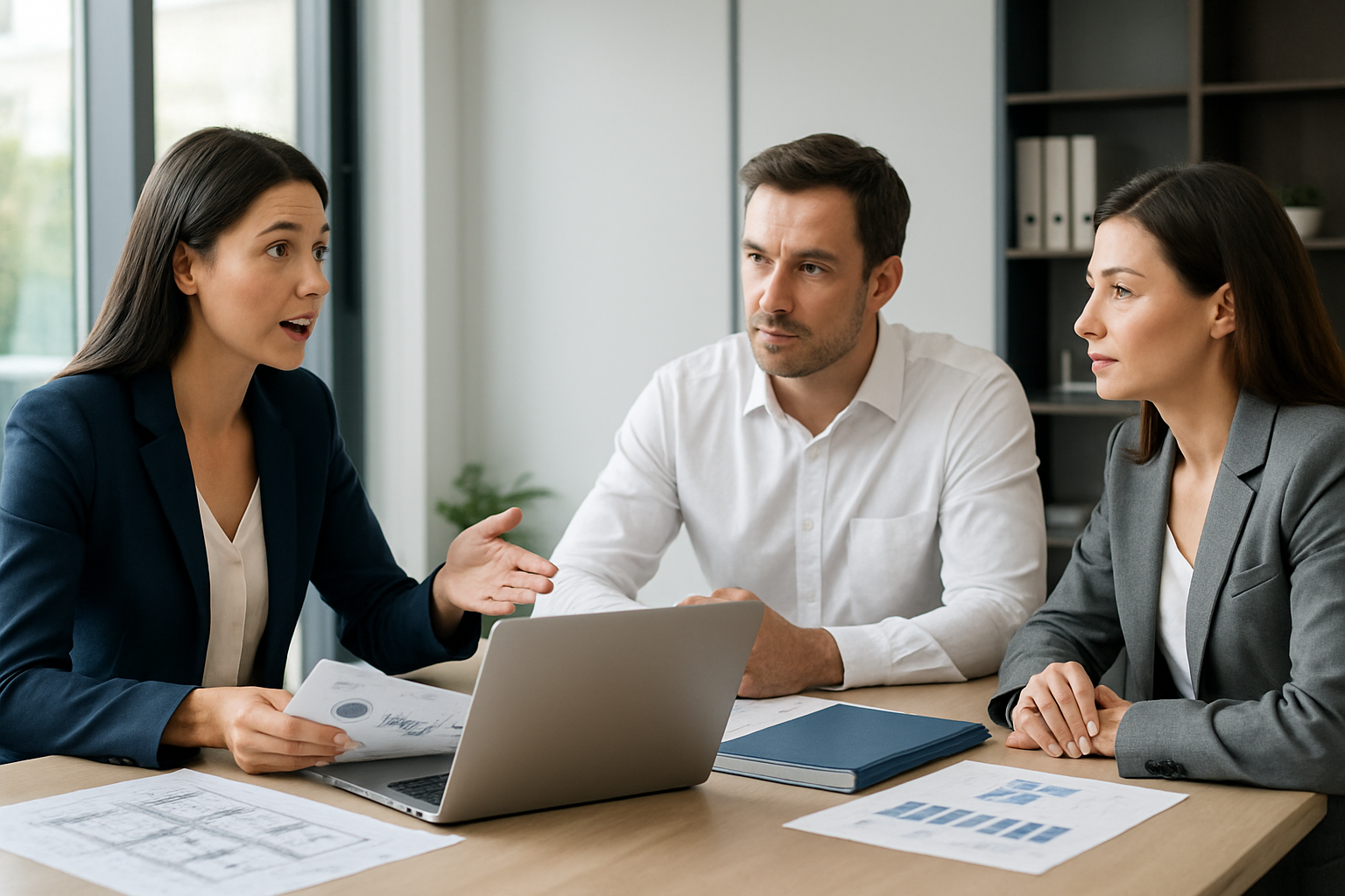 Asesora de seguros revisando continuidad operativa con directivos en una mesa de trabajo corporativa, con planos de planta industrial y documentos de cobertura