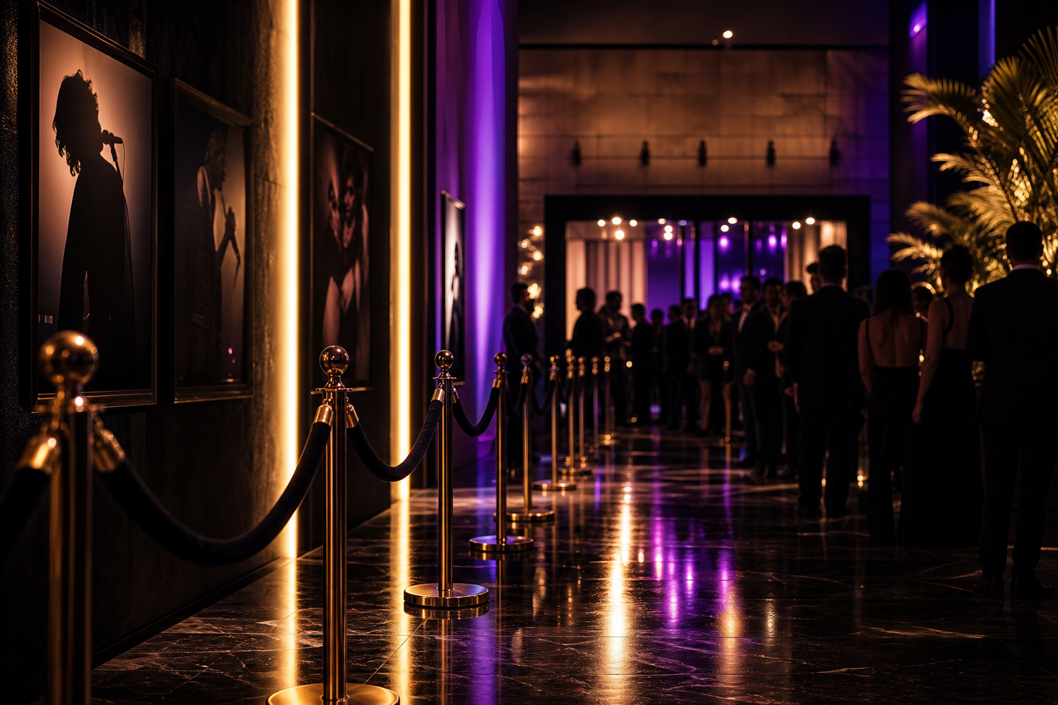 Moody backstage corridor with elegant lighting, velvet rope details, and fans waiting for a premium artist-community event