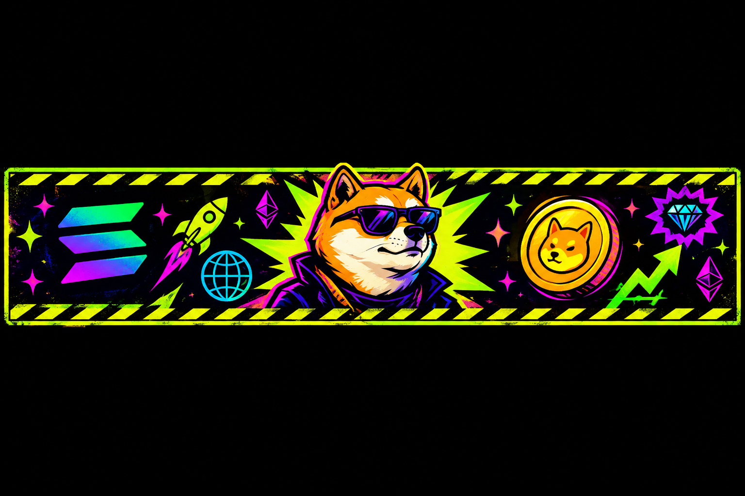 Tiny horizontal meme banner placeholder with neon caution stripe and crypto glyph