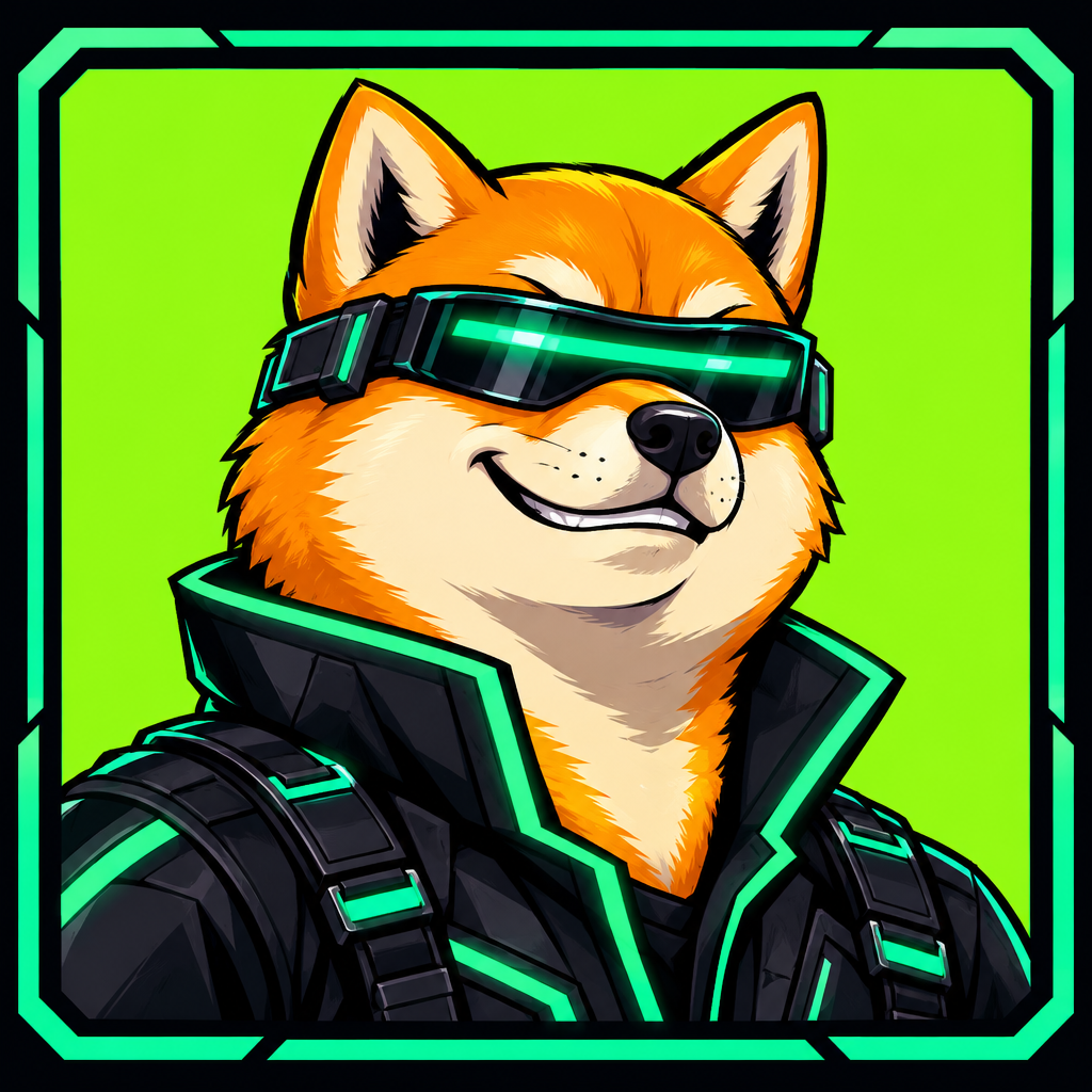Small cartoon Shiba Inu squad captain with cyber visor, tactical jacket, and neon badge