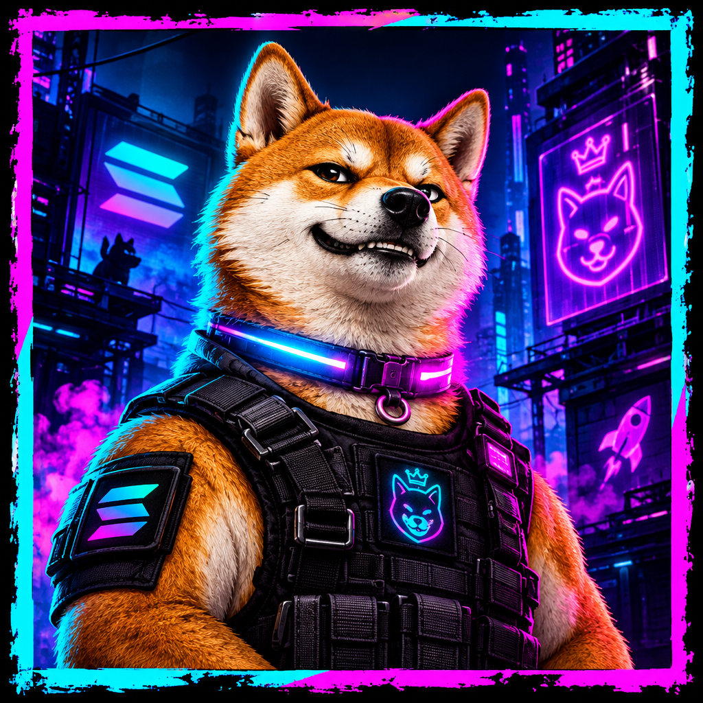 Small framed meme-style Inu protector with a tactical vest, neon collar, and confident grin