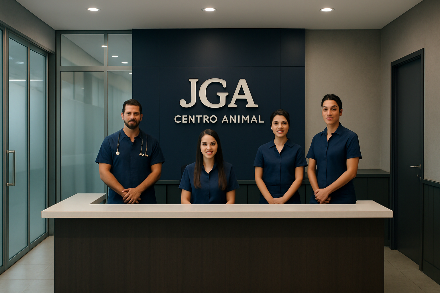 Recepção moderna de centro veterinário premium com equipe uniformizada e atendimento profissional em ambiente corporativo