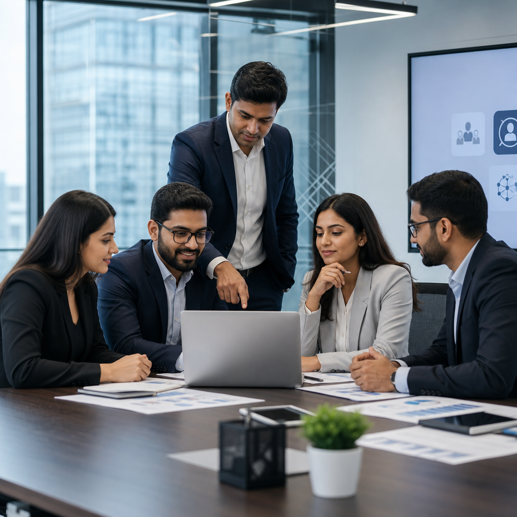 Professional team in a modern office discussing IT talent planning and outsourcing strategy over documents and a laptop