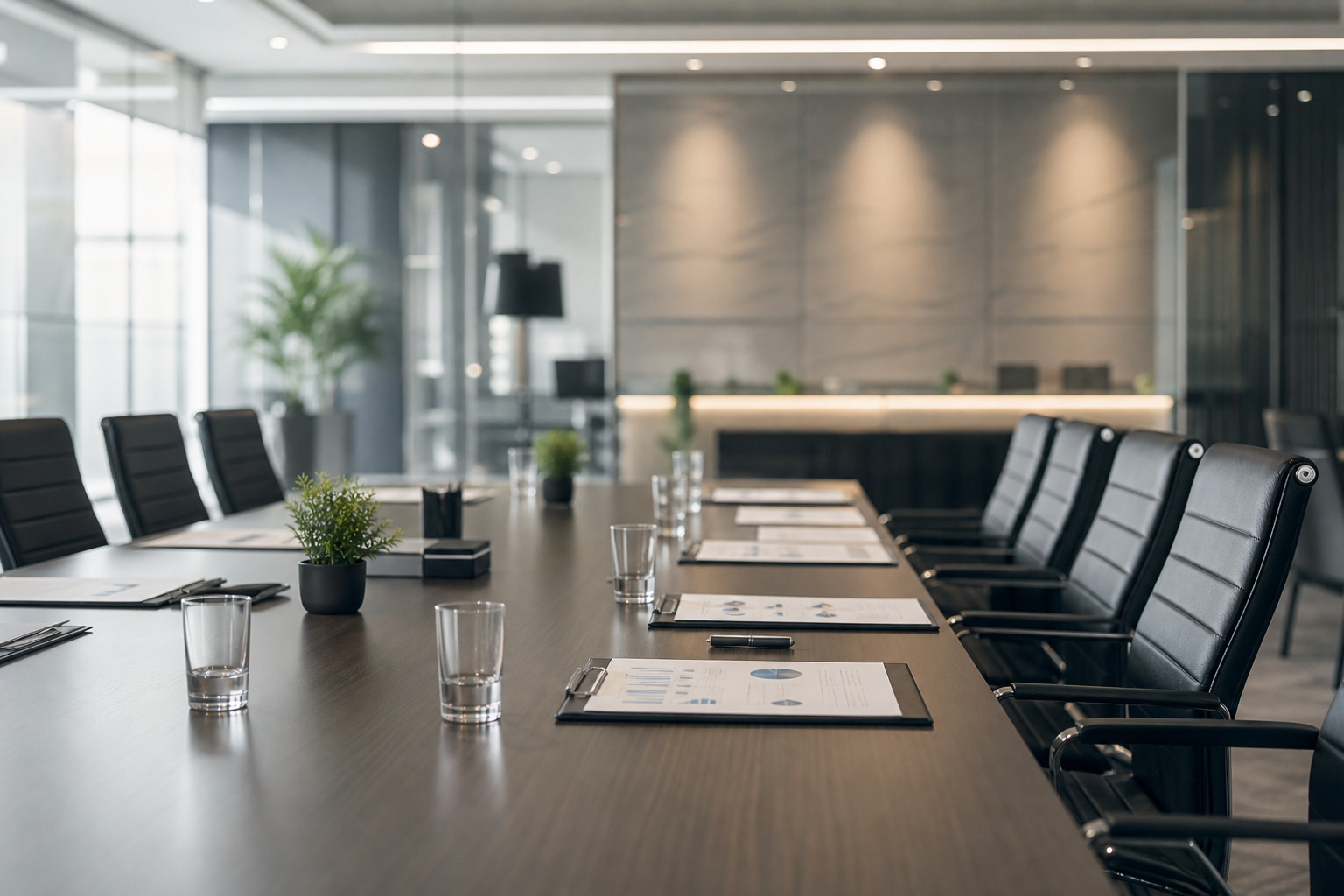 Soft-focus executive boardroom meeting with glass walls and strategy papers
