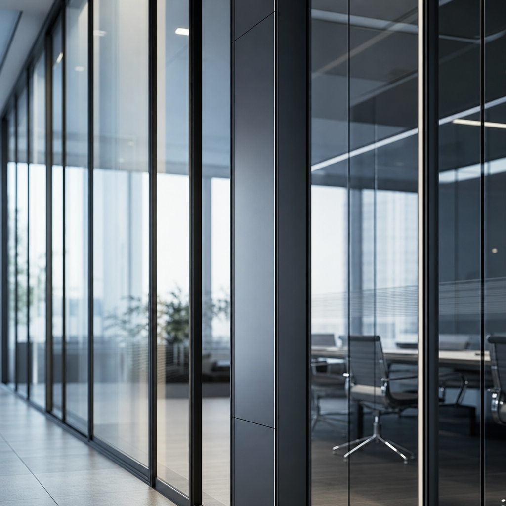 Corporate glass office corridor with reflections and modern architecture lines